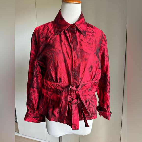 Vintage Womens Silk Blouse Floral Print Chili Red/Black 90s Designer Formal - Picture 2 of 11
